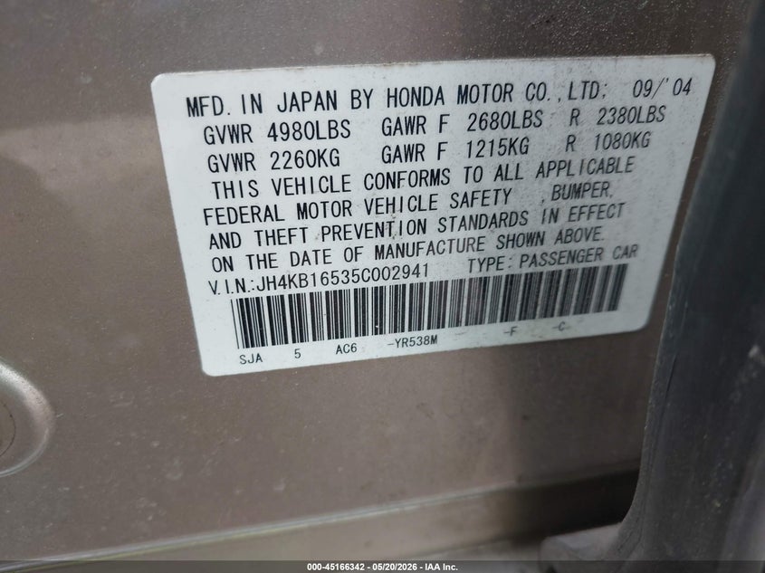 2005 Acura Rl 3.5 VIN: JH4KB16535C002941 Lot: 45166342