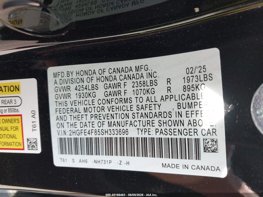 VIN 2HGFE4F85SH333696 2025 HONDA CIVIC HYBRID
