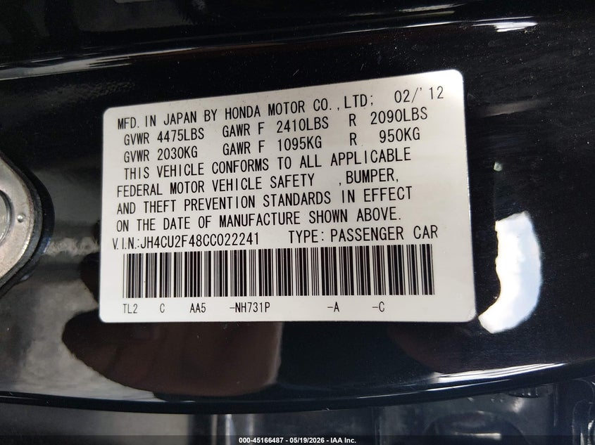 2012 Acura Tsx 2.4 VIN: JH4CU2F48CC022241 Lot: 45166487