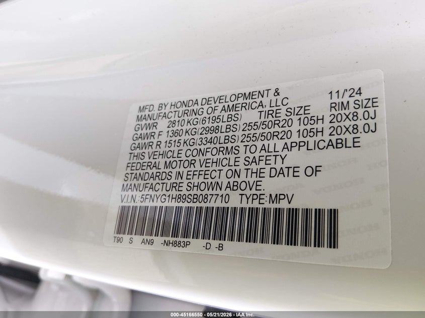 HONDA PILOT 2025 VIN 5FNYG1H89SB087710