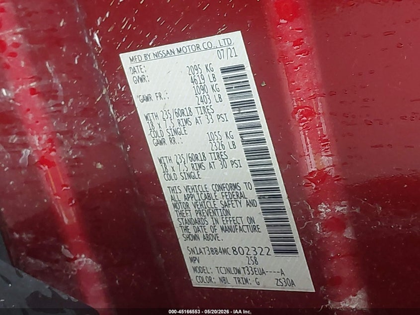 VIN 5N1AT3BB4MC802322 2021 NISSAN ROGUE SV INTELLIGENT AWD