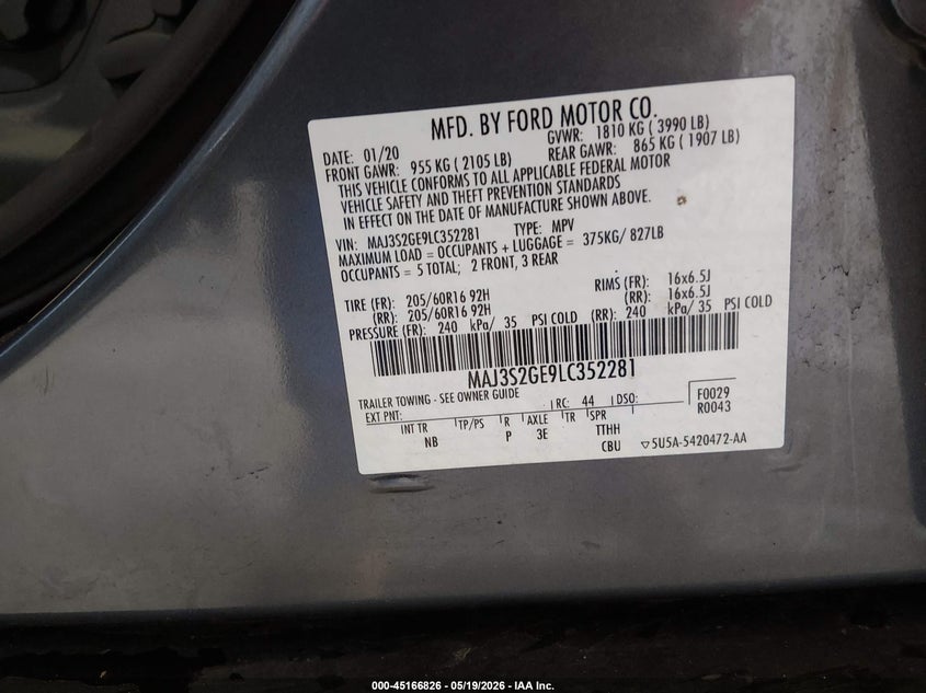 2020 Ford Ecosport Se VIN: MAJ3S2GE9LC352281 Lot: 45166826