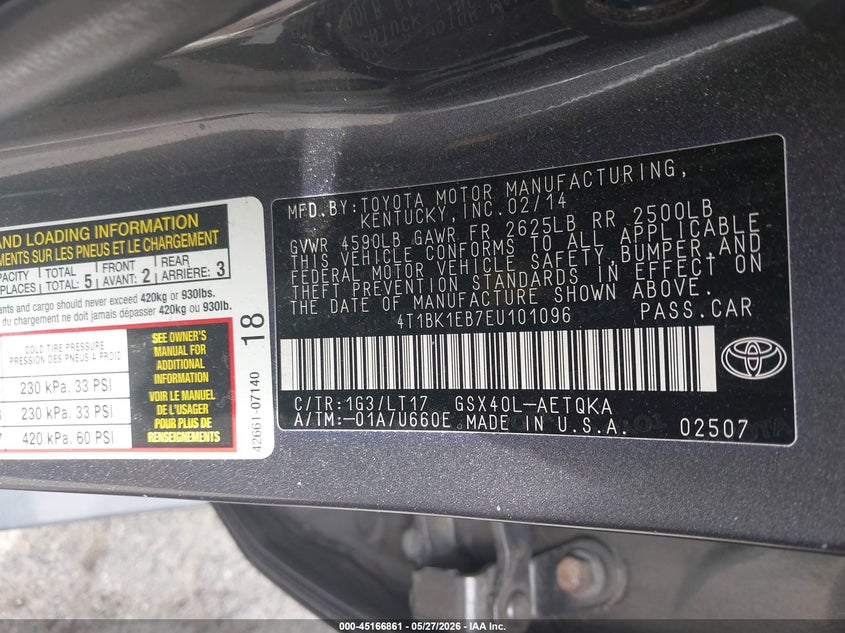2014 TOYOTA AVALON SEDAN 3.5L V-6 DOHC, VVT, 268HP