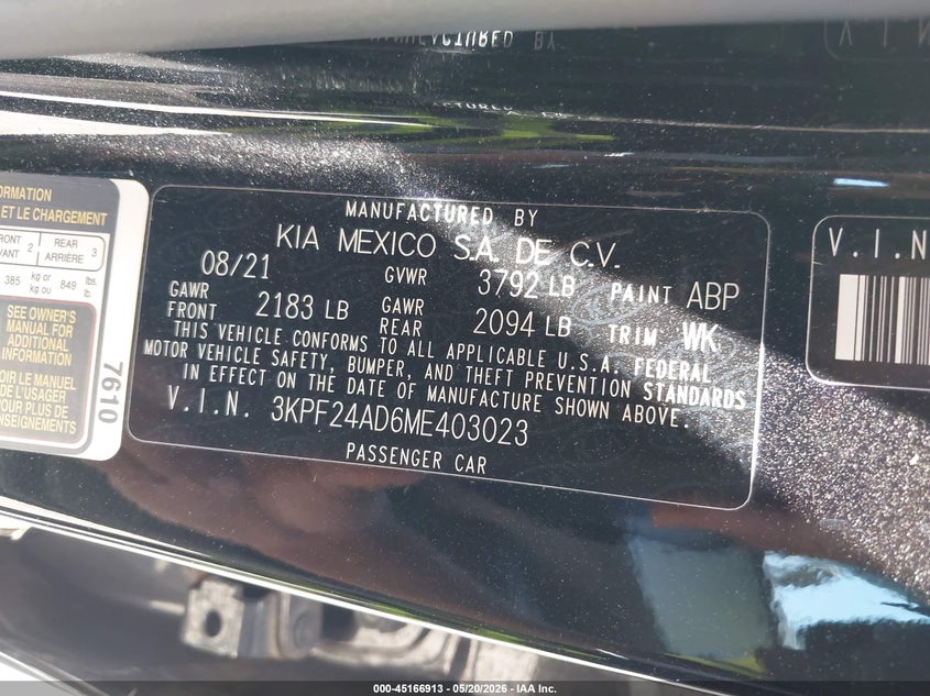 VIN 3KPF24AD6ME403023 2021 KIA FORTE LXS