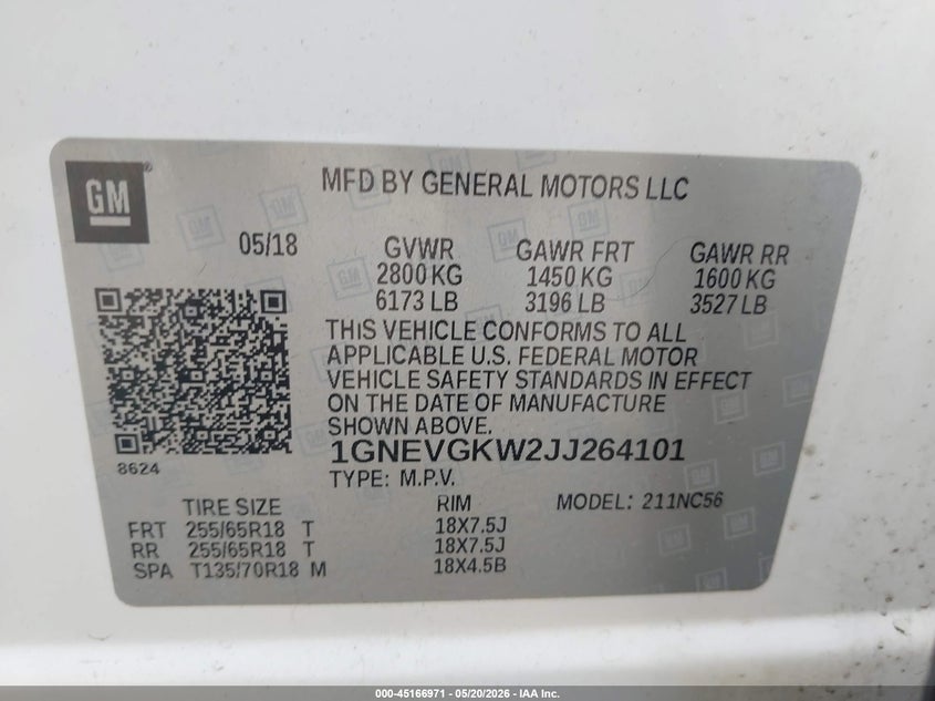 VIN 1GNEVGKW2JJ264101 2018 CHEVROLET TRAVERSE 1LT