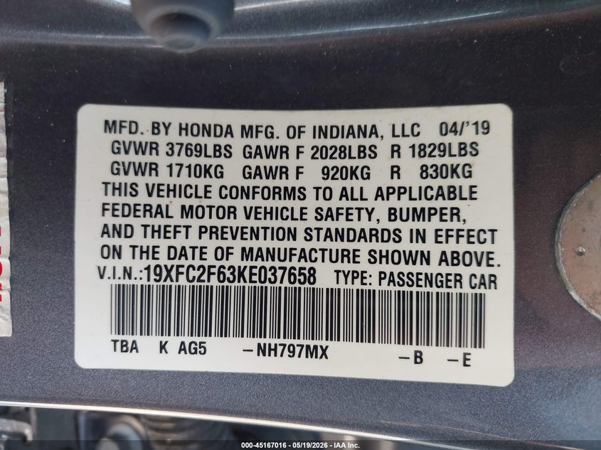 VIN 19XFC2F63KE037658 2019 HONDA CIVIC LX