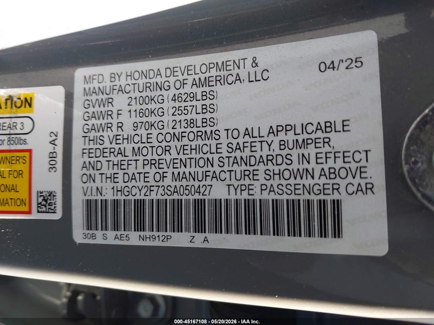 HONDA ACCORD HYBRID 2025 VIN 1HGCY2F73SA050427