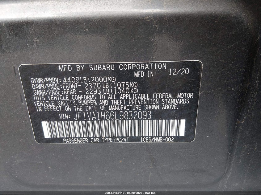 2020 Subaru Wrx Limited VIN: JF1VA1H66L9832093 Lot: 45167119