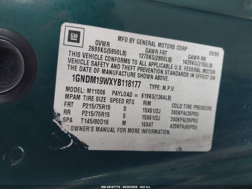 2000 Chevrolet Astro VIN: 1GNDM19WXYB118177 Lot: 45167178