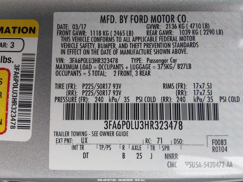 2017 FORD FUSION SEDAN 2.0L I-4 DOHC, VVT, 141HP