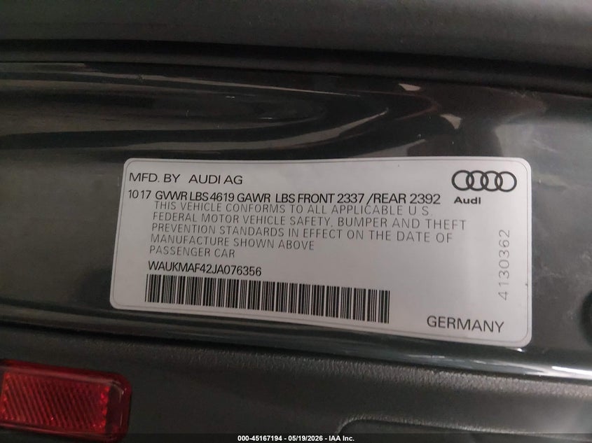AUDI A4 2018 VIN WAUKMAF42JA076356