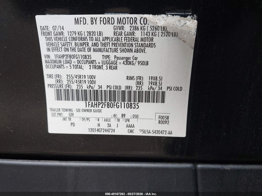 2015 Ford Taurus Limited VIN: 1FAHP2F80FG110835 Lot: 45167263