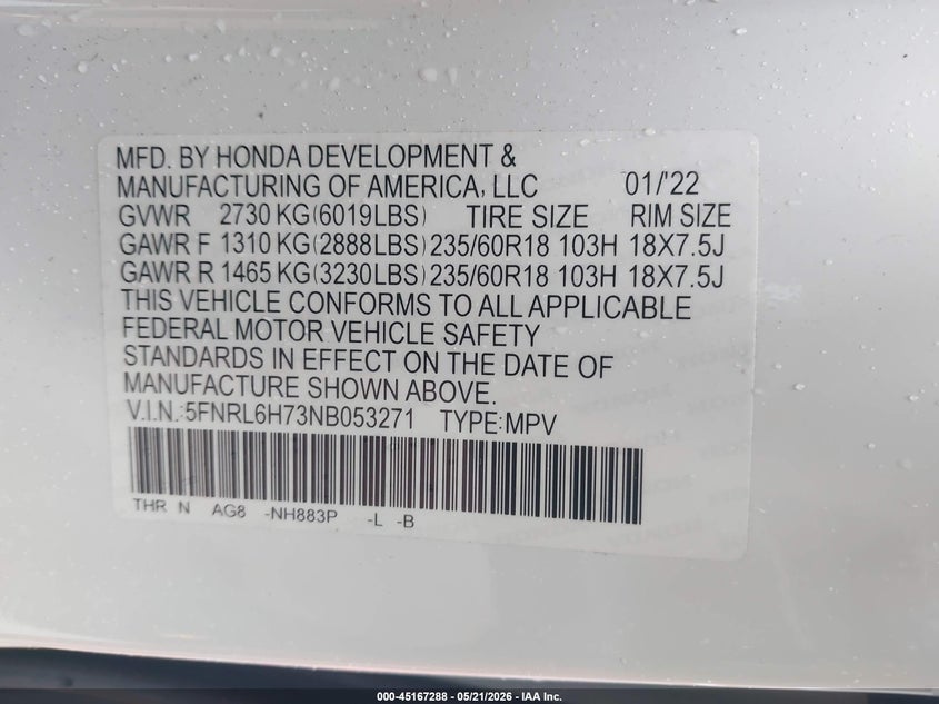 2022 Honda Odyssey Ex-L VIN: 5FNRL6H73NB053271 Lot: 45167288