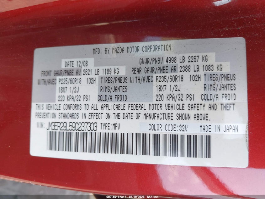 2009 Mazda Cx-7 Sport VIN: JM3ER29L590237303 Lot: 45167317