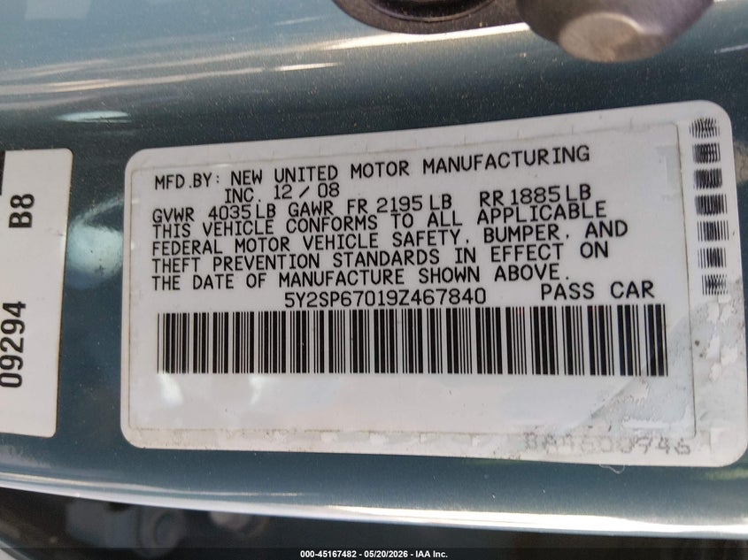 2009 Pontiac Vibe VIN: 5Y2SP67019Z467840 Lot: 45167482