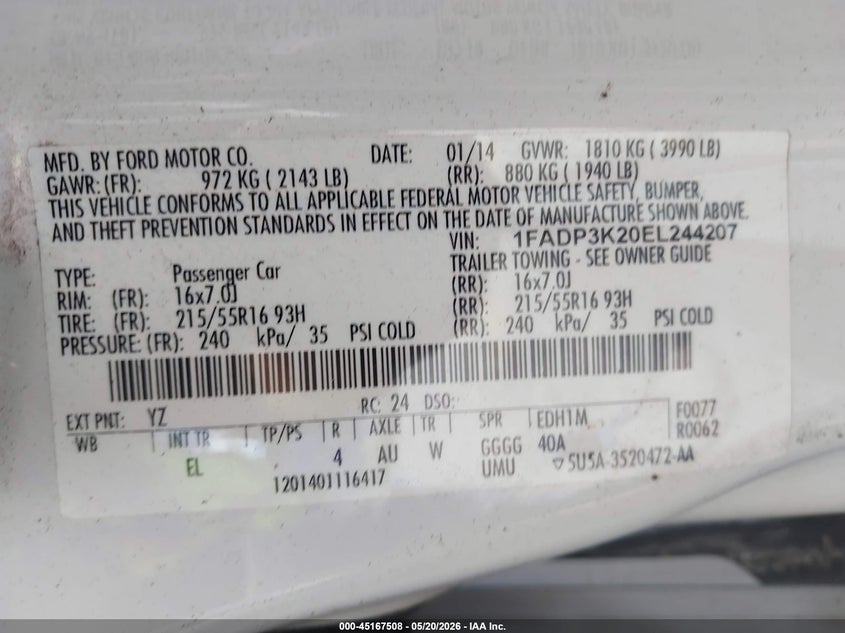 FORD FOCUS 2014 VIN 1FADP3K20EL244207