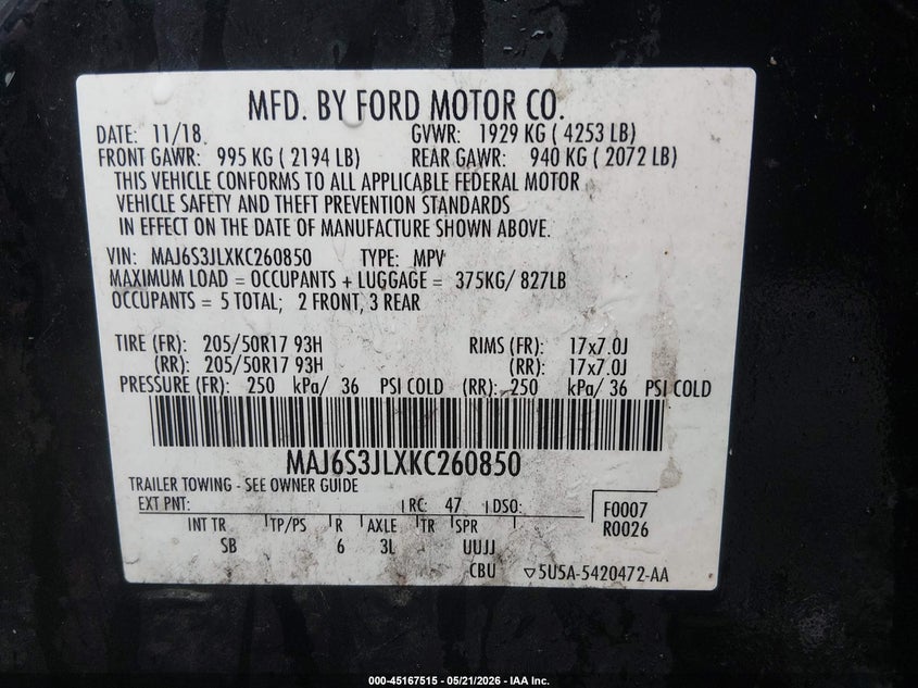 2019 Ford Ecosport Ses VIN: MAJ6S3JLXKC260850 Lot: 45167515