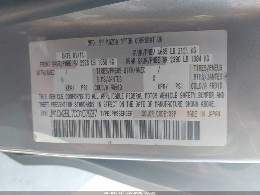 2012 Mazda Mazda5 Sport VIN: JM1CW2BL7C0107937 Lot: 45167517