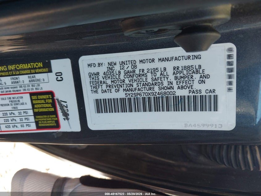 2009 Pontiac Vibe VIN: 5Y2SP670X9Z468002 Lot: 45167523