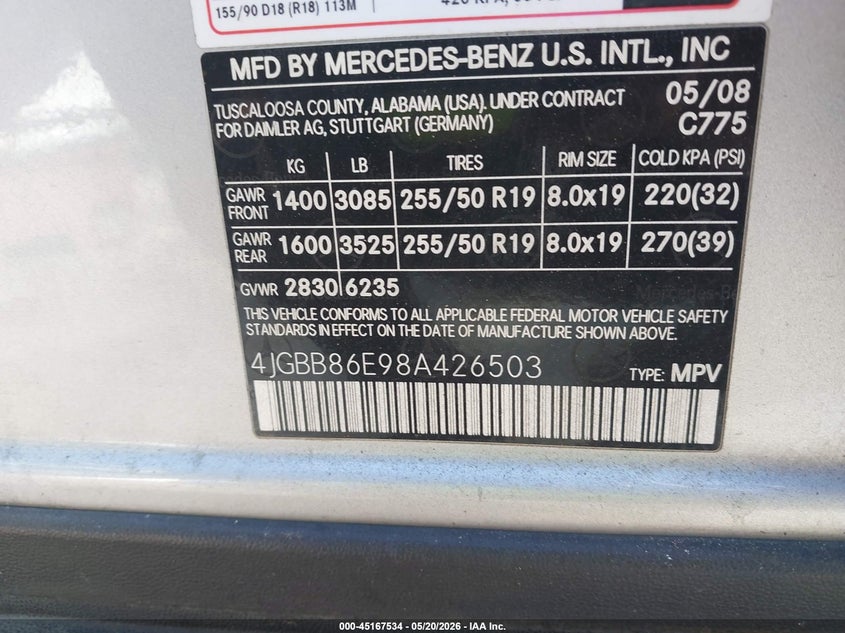 2008 Mercedes-Benz Ml 350 4Matic VIN: 4JGBB86E98A426503 Lot: 45167534