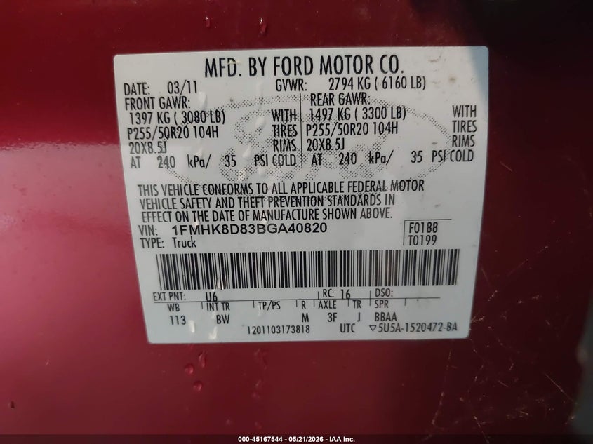 2011 Ford Explorer 3.5 Xlt Red Lot 111045167544 Vin 1FMHK8D83BGA40820