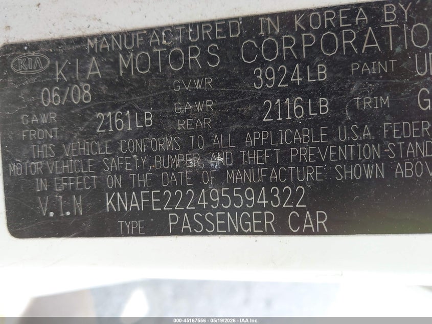 2009 Kia Spectra Ex VIN: KNAFE222495594322 Lot: 45167556