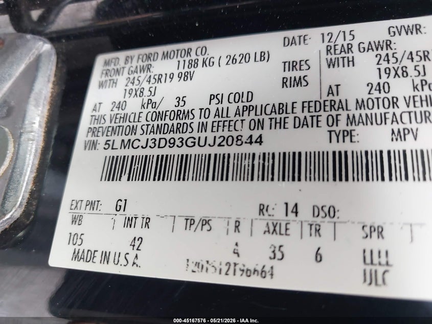 2016 Lincoln Mkc Reserve VIN: 5LMCJ3D93GUJ20844 Lot: 45167576