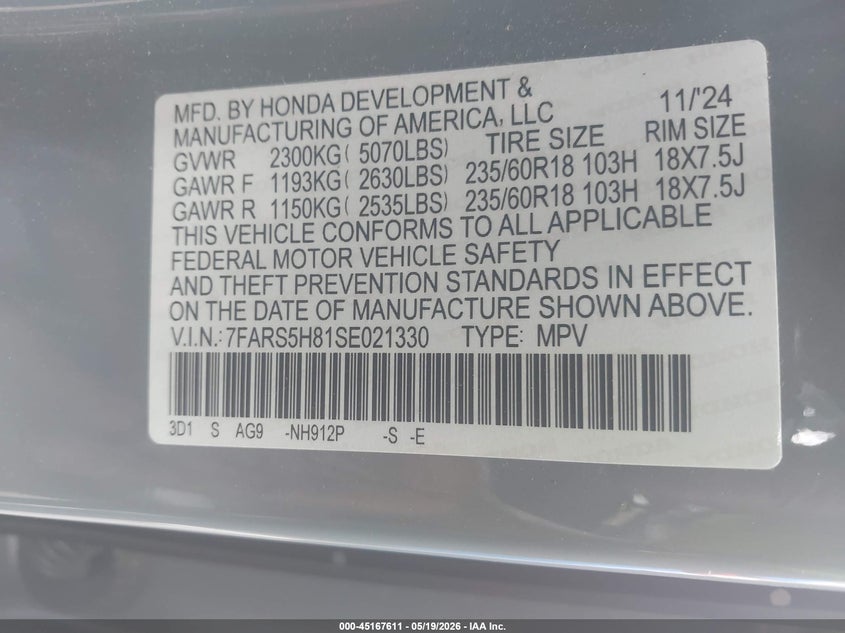 VIN 7FARS5H81SE021330 2025 HONDA CR-V HYBRID SPORT-L