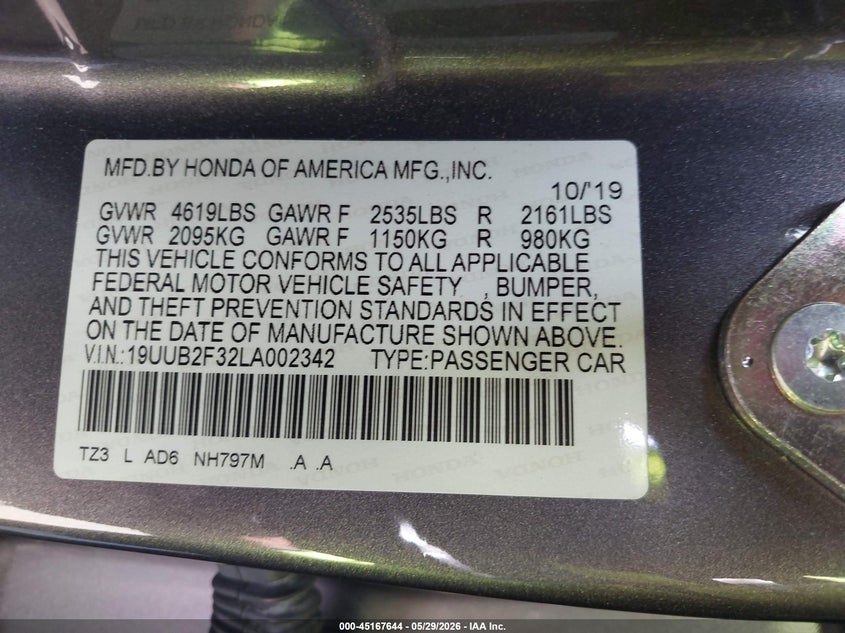 2020 Acura Tlx Standard VIN: 19UUB2F32LA002342 Lot: 45167644