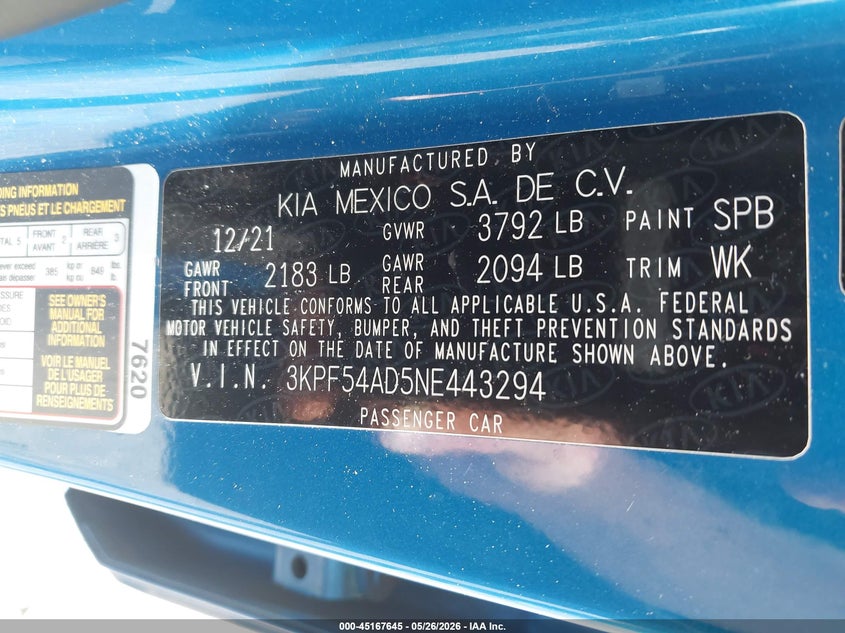 2022 KIA FORTE SEDAN 2.0L I-4 DOHC, VVT, 147HP