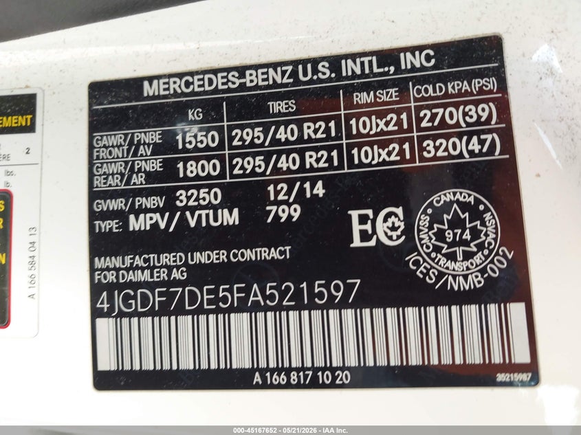 2015 Mercedes-Benz Gl 550 4Matic VIN: 4JGDF7DE5FA521597 Lot: 45167652