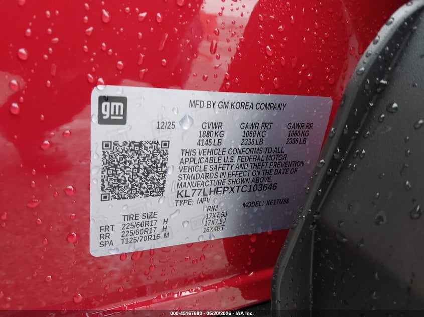 VIN KL77LHEPXTC103646 2026 CHEVROLET TRAX FWD LT