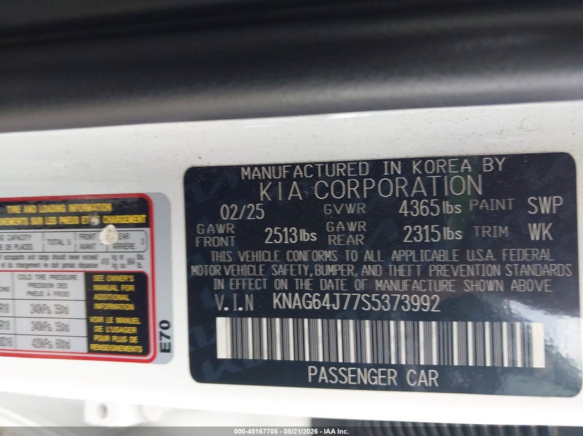 KIA K5 2025 VIN KNAG64J77S5373992