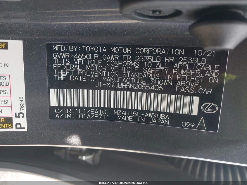 2022 Lexus Ux 250H VIN: JTHX9JBH5N2055406 Lot: 45167707