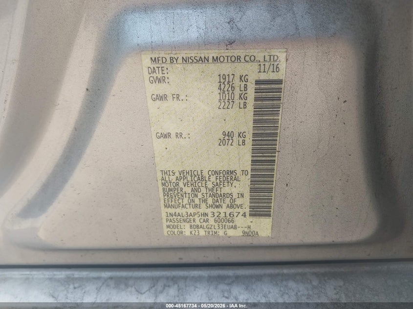 VIN 1N4AL3AP5HN321674 2017 NISSAN ALTIMA 2.5 S
