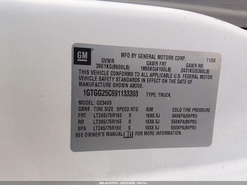 2009 GMC Savana 2500 Work Van VIN: 1GTGG25C691133393 Lot: 45167910