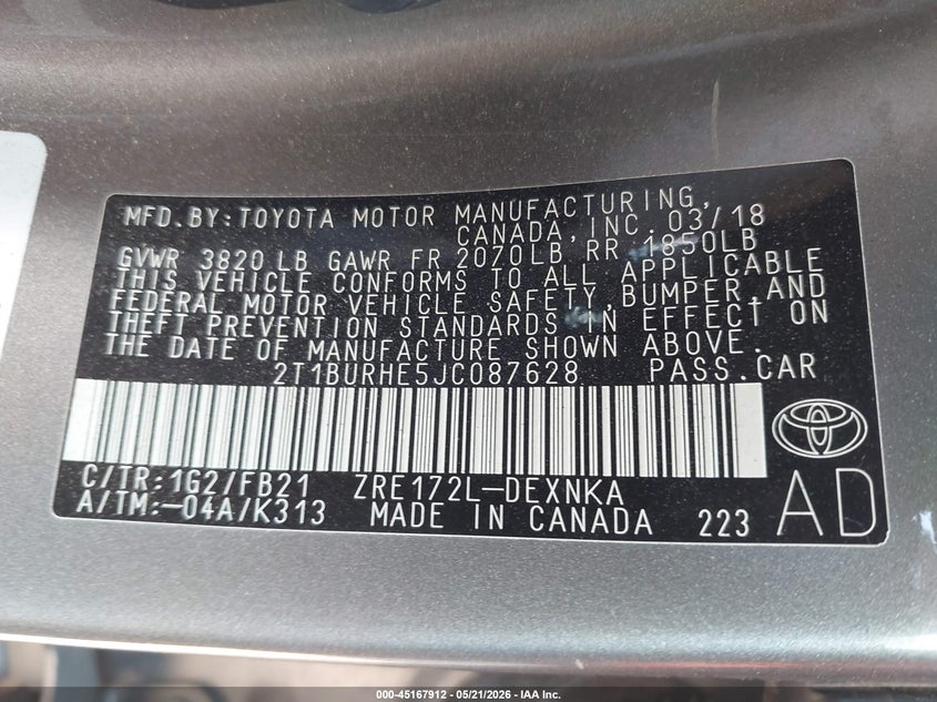 VIN 2T1BURHE5JC087628 2018 TOYOTA COROLLA LE