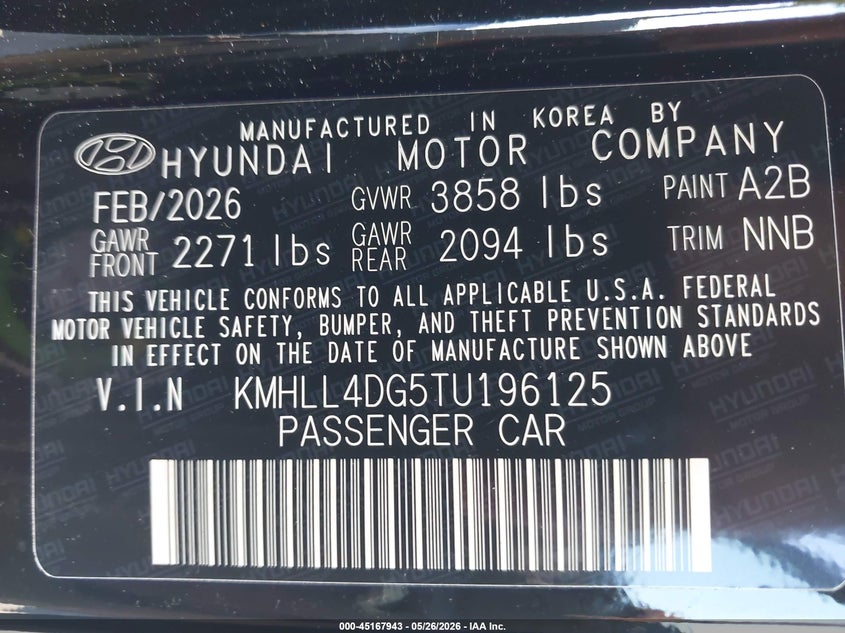 VIN KMHLL4DG5TU196125 2026 HYUNDAI ELANTRA SE