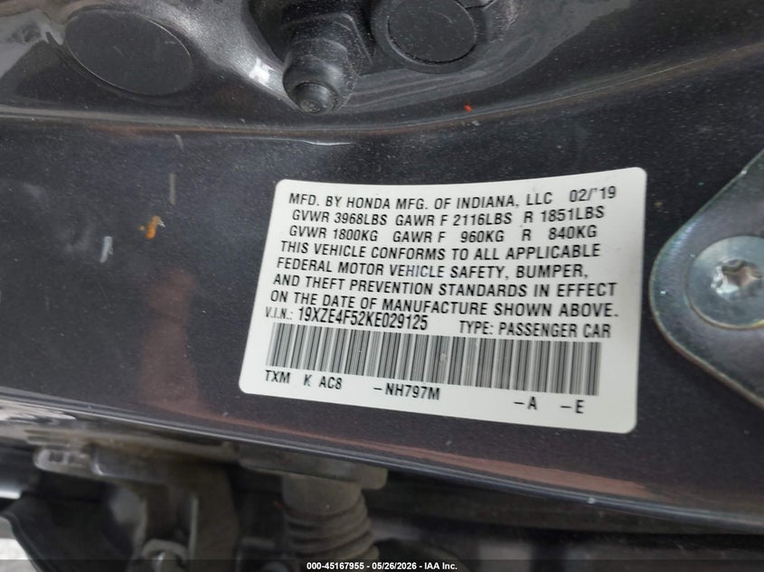 2019 Honda Insight Ex VIN: 19XZE4F52KE029125 Lot: 45167955