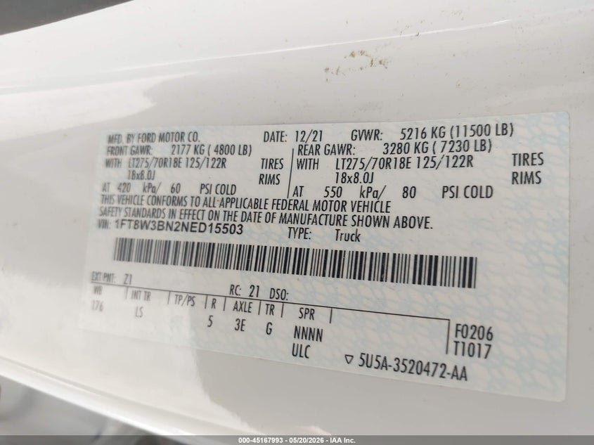 2022 Ford Xl White Lot 111045167993 Vin 1FT8W3BN2NED15503