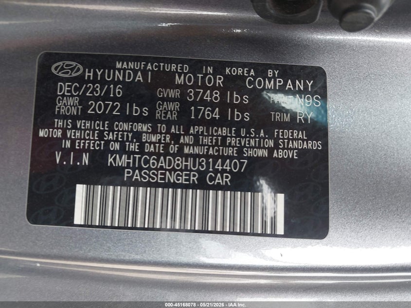 2017 Hyundai Veloster Value Edition VIN: KMHTC6AD8HU314407 Lot: 45168078