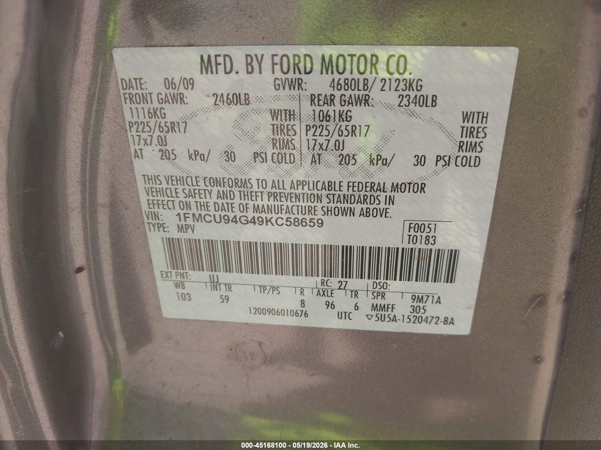 2009 Ford Escape 3.0 Limited grey Lot 111045168100 Vin 1FMCU94G49KC58659
