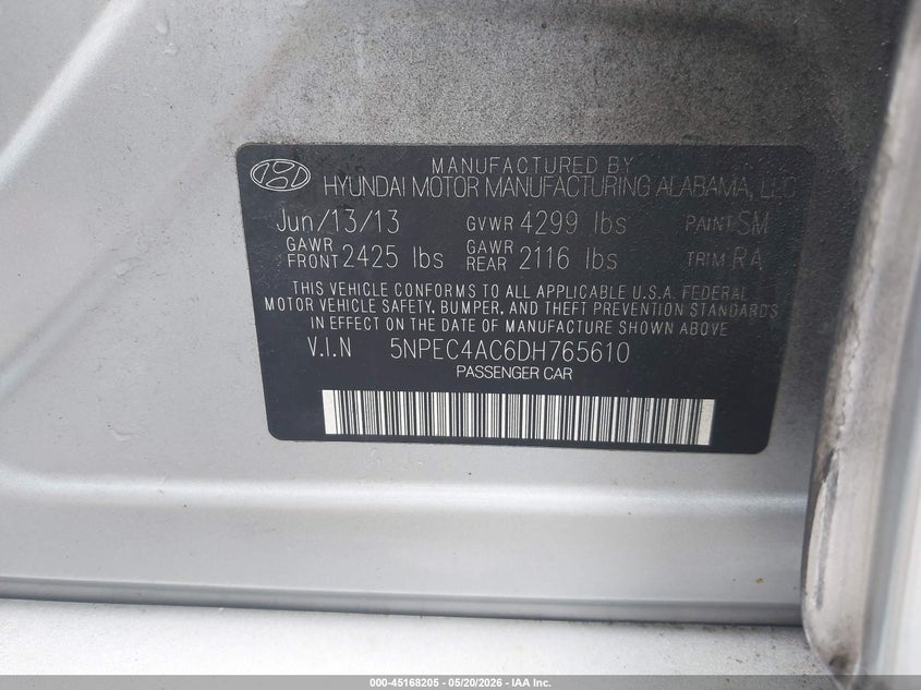 2013 HYUNDAI SONATA SEDAN 2.4L I-4 DI, DOHC, VVT, 200HP