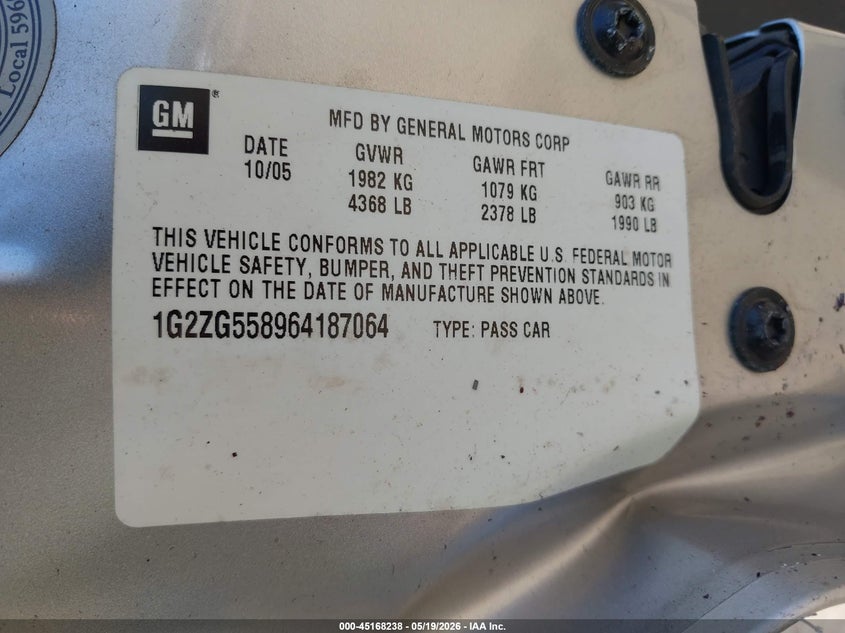 2006 Pontiac G6 VIN: 1G2ZG558964187064 Lot: 45168238