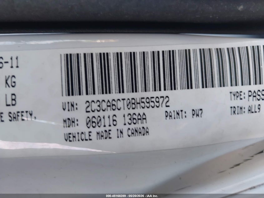 2011 Chrysler 300C VIN: 2C3CA6CT0BH595972 Lot: 45168289