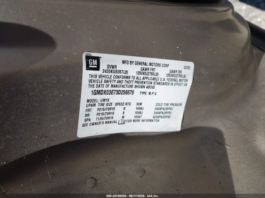 2003 Pontiac Montana M16 W/1Sa Pkg. VIN: 1GMDX03E73D256679 Lot: 45168305