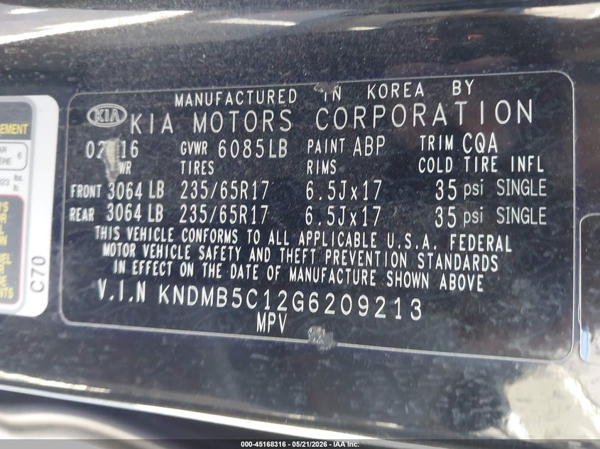 2016 Kia Sedona Lx VIN: KNDMB5C12G6209213 Lot: 45168316