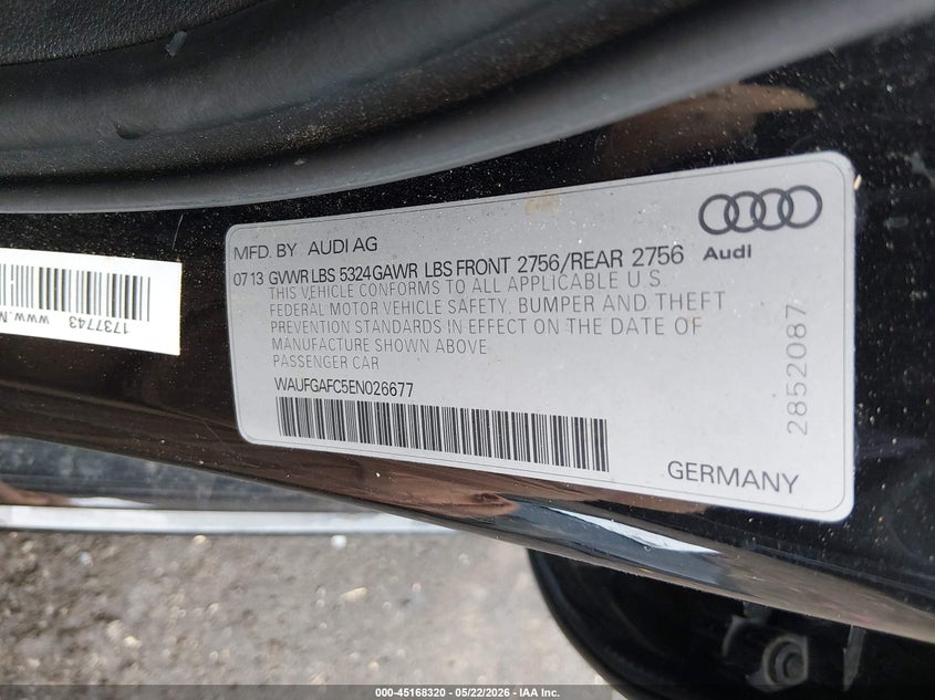 2014 Audi A6 3.0T Premium Plus VIN: WAUFGAFC5EN026677 Lot: 45168320
