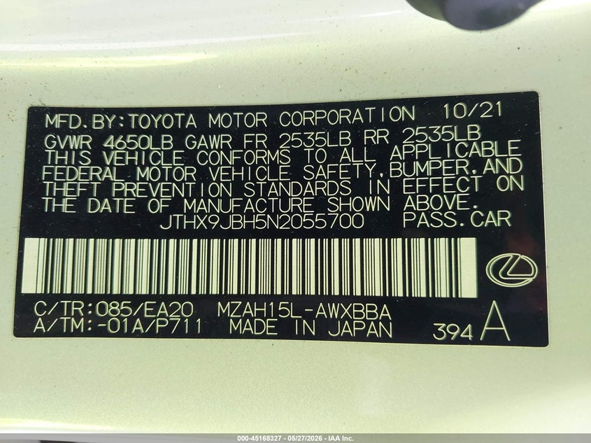 2022 Lexus Ux 250H VIN: JTHX9JBH5N2055700 Lot: 45168327