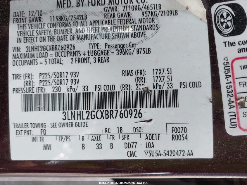 2011 Lincoln Mkz VIN: 3LNHL2GCXBR760926 Lot: 45168355